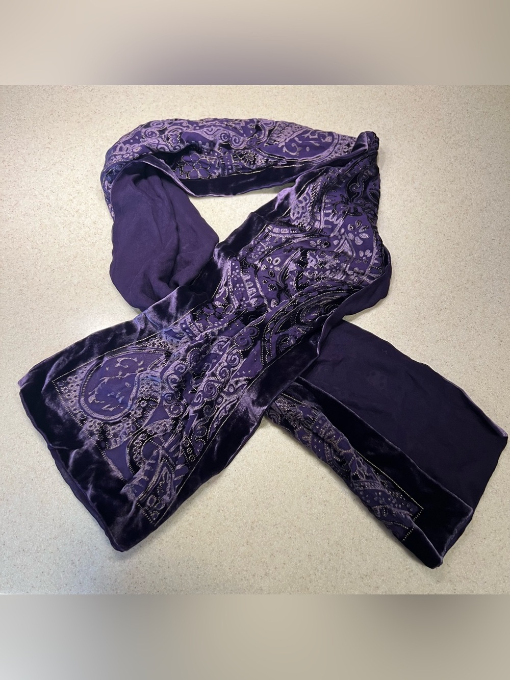 Charter Club 100% Silk Purple Paisley Velvet Burnout Scarf